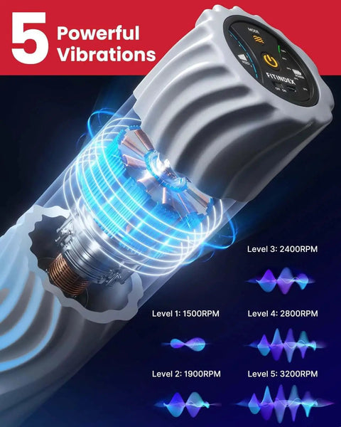 Cross-section of Vibrating Foam Roller For Back Pain Relief With Five Speed Settings showing motor and vibration levels