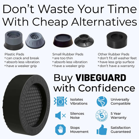 Comparison of VIBEGAURD vibration pads with plastic and rubber alternatives, highlighting stability, durability, and 5-year warranty.
