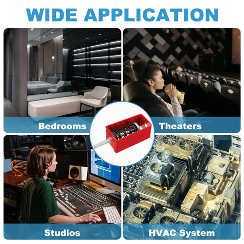 Product image showing applications for Two Pack Ceiling Spring Vibration Isolators in bedrooms, theaters, studios, and HVAC systems.