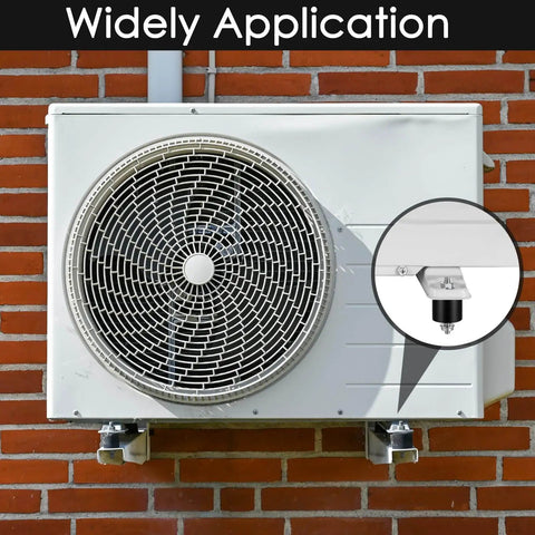 Outdoor unit with four-pack 25x25mm M6 rubber vibration isolator mounts installed for durable shock absorption.