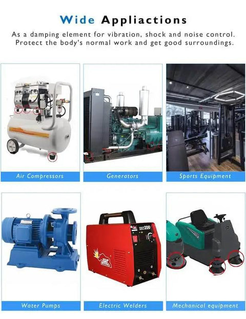 Image of various mechanical equipment applications for M4 Rubber Vibration Isolator Mounts with single stud shock absorber.