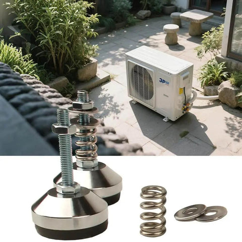 Heavy duty vibration isolator mounts with adjustable M8 leveling feet provide stable, noise reducing support for air conditioners