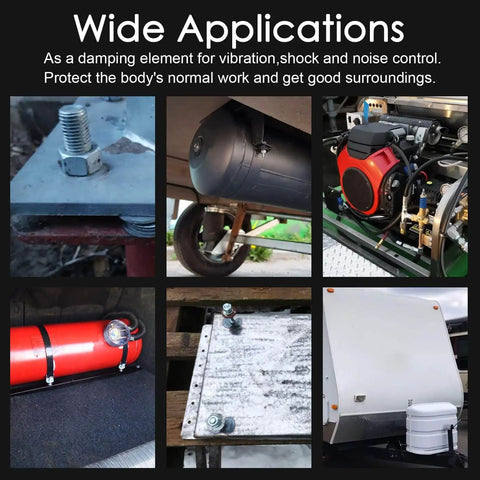 Wide applications of Four-pack 25x25mm M6 rubber vibration isolator mounts in machinery and equipment setup.