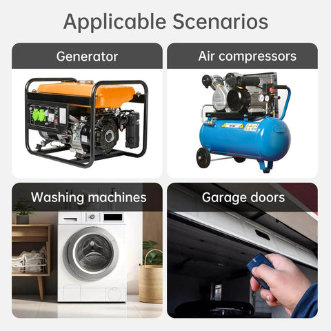 Image showing applicable scenarios for 4 Pack M10 Rubber Mounts With Dual Studs 28x40x30mm, including generator, air compressor, washer, and garage door.