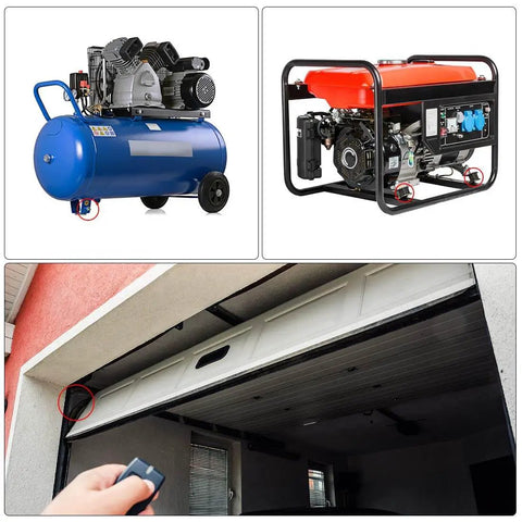 Durable M10 rubber vibration mounts on air compressor, generator, and garage door opener, reducing vibration and noise with stability.