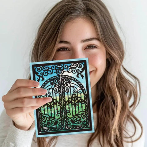 Woman holding a card made with Openable Gates Cutting Dies for Card Making and Scrapbooking Victorian Style Doorframe Embossing Die Set