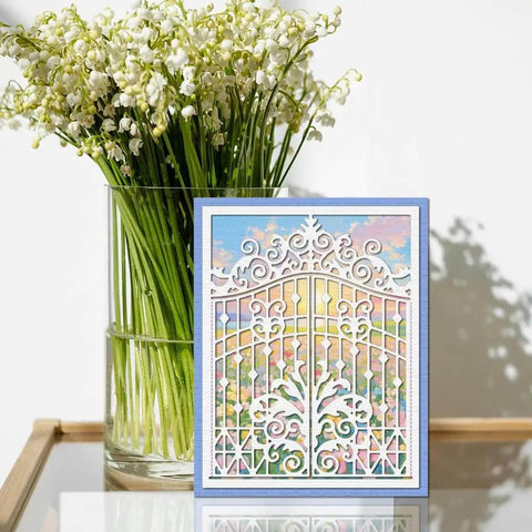 Greeting card with Victorian style openable gates cutting dies, colorful background; part of Openable Gates Cutting Dies for Card Making and Scrapbooking Victorian Style Doorframe Embossing Die Set Metal Die Cuts for Greeting Cards Craft Papers Albums and Invitations.
