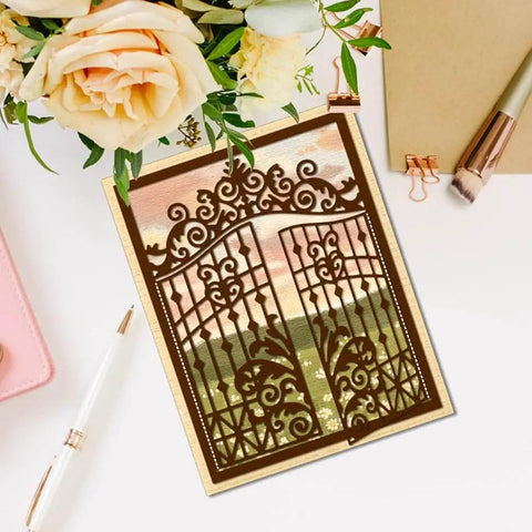 Openable Gates Cutting Dies for Card Making and Scrapbooking Victorian Style Doorframe Embossing Die Set showing floral gate design.