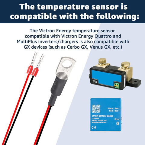 Temperature sensor replacement kit for Victron Energy; red and black leads with lug terminal and a blue Smart Battery Sense module