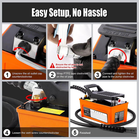 Setup guide for 10,000 PSI VigorTrek Air Hydraulic Pump, showing oil outlet and coupler attachment steps for orange pump.