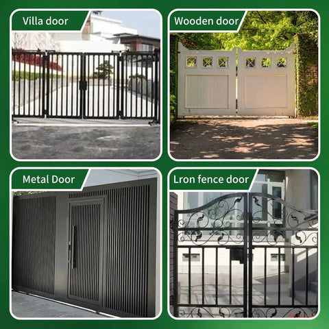 Collage of four gates: villa, wooden, metal, and wrought iron fence for design variety.