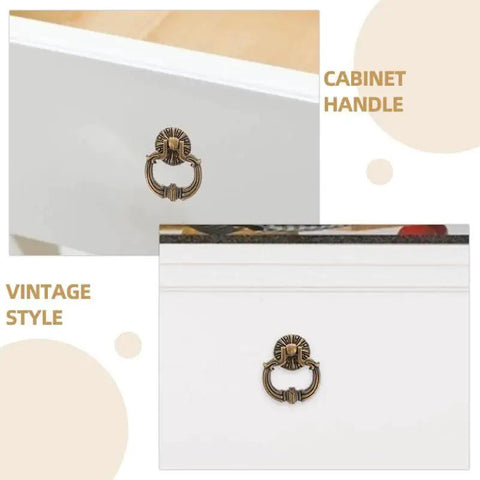 Vintage Drop Ring Pulls Set of 4 in Antique Bronze installed on white cabinet drawer, showcasing retro French Provincial style.