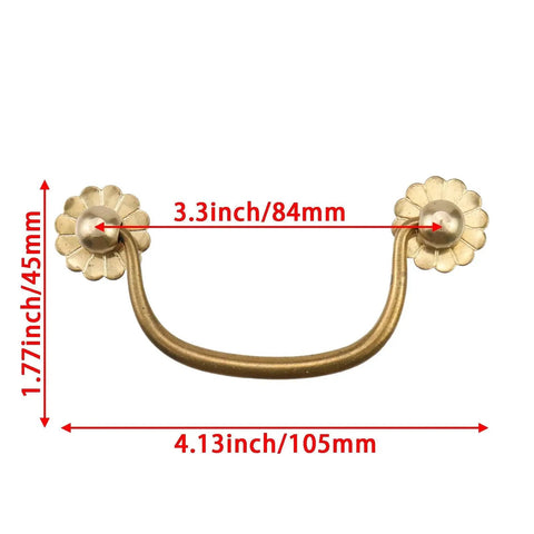4 Piece Vintage Brass Bail Drawer Pull Set 4.13 Inch Drop Handles in antique style with 84mm hole spacing, rust resistant and durable.