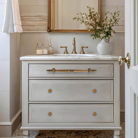 Bathroom vanity with 10 pack vintage antique brass cabinet knobs 1 inch round dresser knobs for kitchen cabinets and furniture.