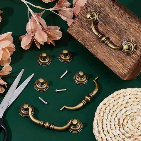 Set Of Six Vintage Bail Pull Handles In Antique Bronze Alloy For Cabinets And Drawers 4 Inch Hole Center decorative display.