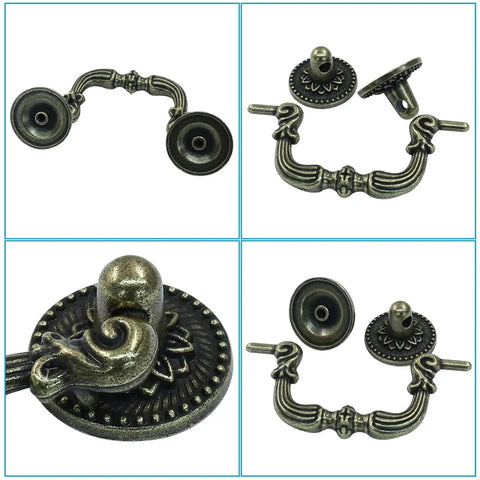 Set Of 2 Vintage Bail Pull Handles With 2.5 Inch Hole Spacing Antique Bronze Cabinet Pulls laid out in a grid showing front and side views