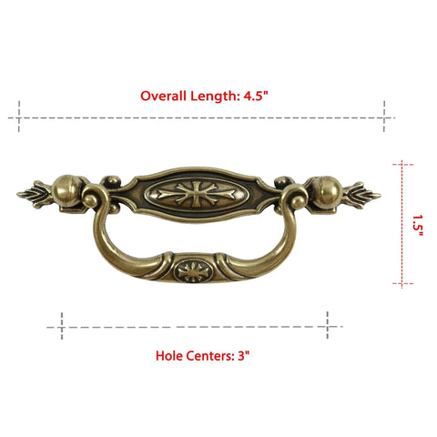 Vintage Bronze Drawer Pulls Six Pack With 3 Inch Center Antique Cabinet Handles For Dresser Closet And Cupboard Furniture Restoration Zinc Alloy Construction And Corrosion Resistant Finish, showing dimensions and intricate design details.