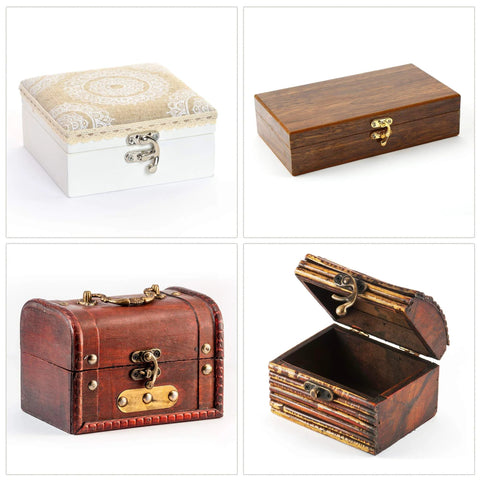 Various wooden boxes featuring Vintage Lock Clasp Right Latch Hook Hasp 42mm x 37mm Swing Arm Latch Plated Bronze, 5 Pcs W Screws
