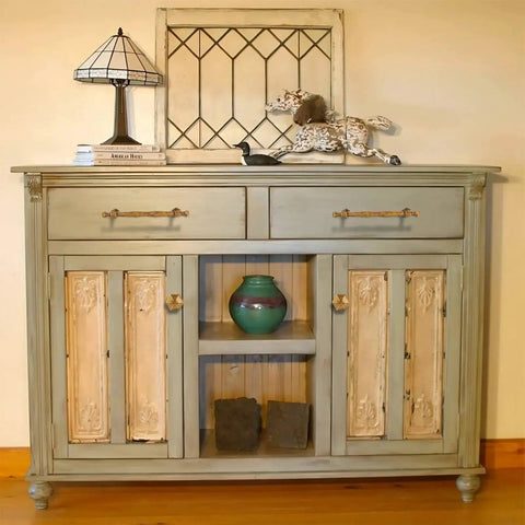 Antique Brass Cabinet Pulls 5 Inch Center To Center Zinc Alloy Solid Drawer Handles installed on vintage dresser in living room