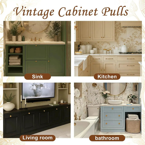 Collage of four vintage cabinet pulls, featuring styles in a green sink, beige kitchen, black living room, and blue bathroom setting.