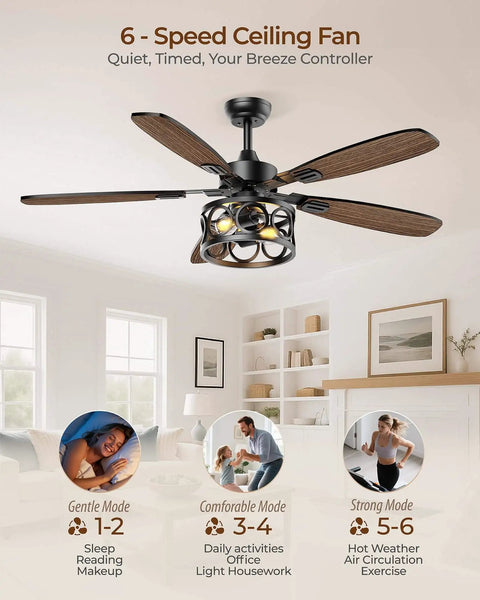 52 Inch Vintage Cage Ceiling Fan With Light And Remote, 5 Blades, Flush Mount Whisper Quiet Farmhouse Ceiling Fan For Living Room