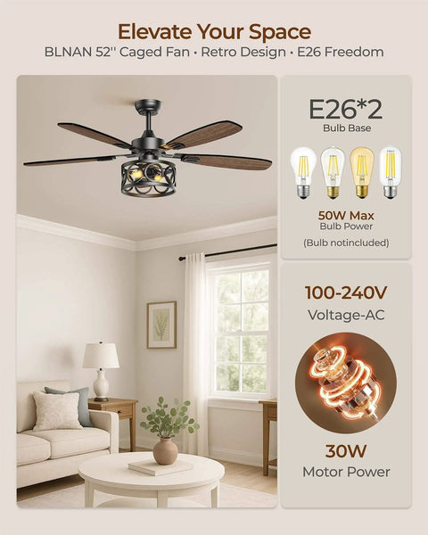 52 Inch Vintage Cage Ceiling Fan With Light And Remote, 5 Blades, Flush Mount Whisper Quiet Farmhouse Ceiling Fan For Living Room