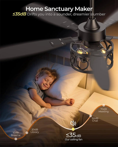 52 Inch Vintage Cage Ceiling Fan With Light And Remote, 5 Blades, Whisper Quiet, Farmhouse Style Above Sleeping Child