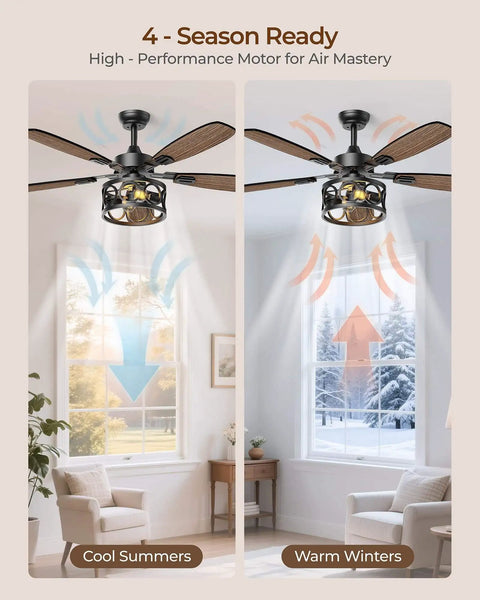 52 Inch Vintage Cage Ceiling Fan With Light And Remote, 5 Blades, Flush Mount Whisper Quiet Farmhouse Ceiling Fan for all seasons in living room