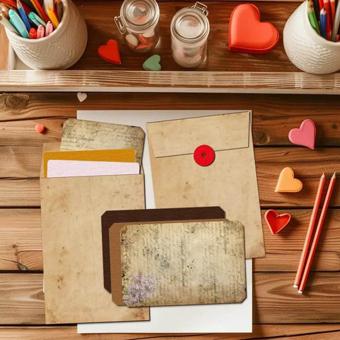 Pro Grade File Pocket Metal Die Cuts Set with letters and numbers on wooden table for DIY invitations and scrapbooking projects.