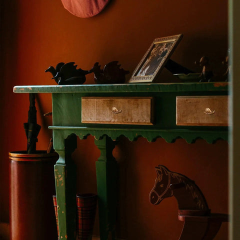 Green dresser with Vintage Metal Snail Shaped Cabinet Knob 2 Piece Set With Mounting Screws Distressed Antique Dresser Drawer Pull Handles.
