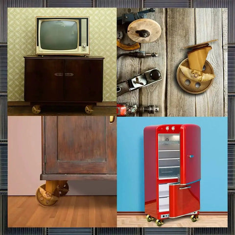 Collage showing vintage furniture and decor on 3.5 Inch Brake Locking Caster Swivel Wheel Set Of 4 With Copper Antique Gold Finish Cast Iron Industrial Heavy Duty Retro Cart Style 225 Lbs Each 900 Lbs Total Capacity Ideal For Industrial Furniture Vintage Decor And DIY Projects.