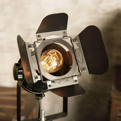 Close-up of Vintage Industrial Floor Lamp Tripod with Adjustable Gooseneck in Black Finish, showing bulb compartment.