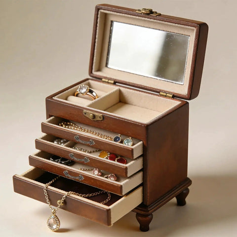 Jewelry box with vintage mini drawer pulls in antique bronze finish, ideal for small cabinets, showcasing the 20 pack set with screws.