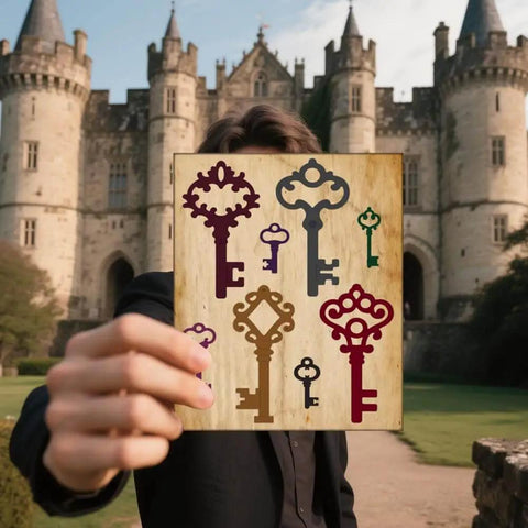 Retro Keys Cutting Dies Set For Scrapbooking And Card Making, Delorigin 16pcs held in front of a castle background