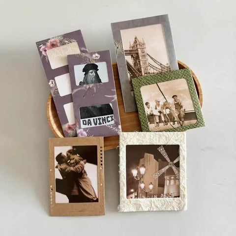 2 Pack Dope Die Cuts For Card Making And Scrapbooking Postage Stamp Tags Frames Cutting Dies Metal Embossing Stencils Template Mould For DIY Craft Albums And Paper Decor, vintage themed scrapbook pages with iconic photo frames in a wooden bowl.
