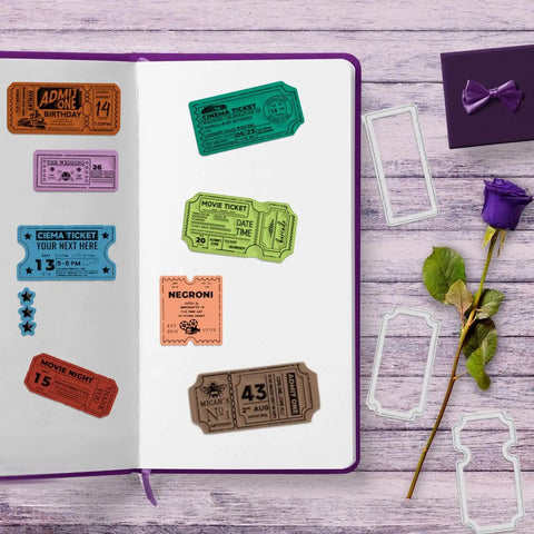 Vintage Ticket Stamp And Die Set For Scrapbooking 28 Pieces Featuring 14 Clear Stamps And 14 Die Cuts displayed in a journal