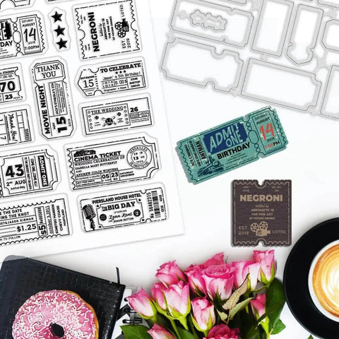 Vintage Ticket Stamp And Die Set For Scrapbooking 28 Pieces Featuring 14 Clear Stamps And 14 Die Cuts, retro cinema tickets, flowers
