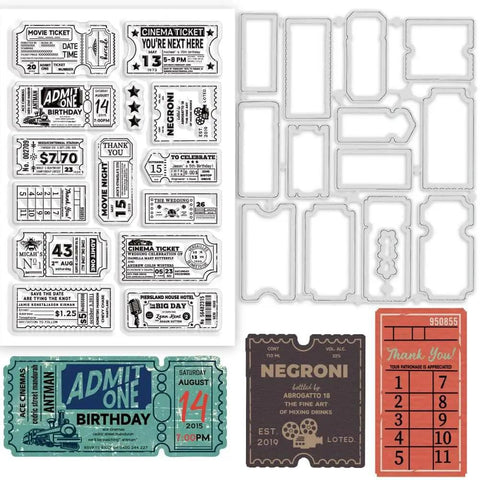 Vintage Ticket Stamp And Die Set For Scrapbooking 28 Pieces Featuring 14 Clear Stamps And 14 Die Cuts Shown In Layout