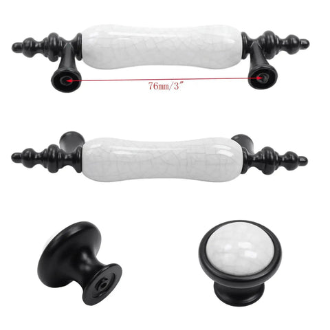 Eight Piece Crack Pattern White Ceramic Cabinet Pulls And Drawer Knobs Set In Antique Black with three inch center holes