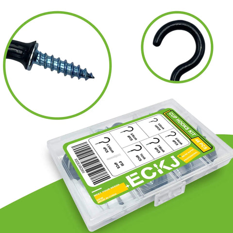 Vinyl Coated Cup Hook Kit With Screws And Plugs, 46 Pcs, Six Sizes From Half Inch To One And A Quarter Inch, Black Screw-In Hooks