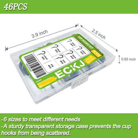 Vinyl Coated Cup Hook Kit With Screws And Plugs, 46 Pcs in a clear plastic storage box showing six sizes for home decor and crafts.