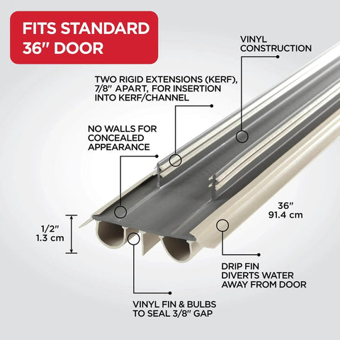 Vinyl Concealed Kerf/Channel Fit Under Door Seal, 36 Inch, Beige, showing construction details and features, ideal for draft stopping.