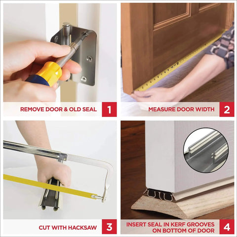 Step-by-step installation of Vinyl Concealed Kerf/Channel Fit Under Door Seal for energy-saving insulation and noise reduction.