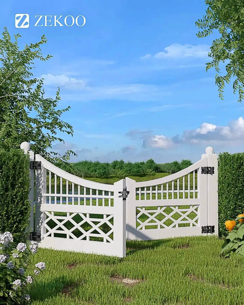 Stainless Steel Gate Hardware Kit With Self Closing Hinges And Latch For Vinyl And Wood Fences in garden setting