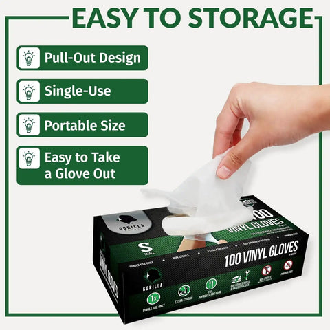 Person pulling glove from box labeled Heavy Duty Vinyl Gloves Latex Free Powder Free Medium Size 100 Count Food Safe