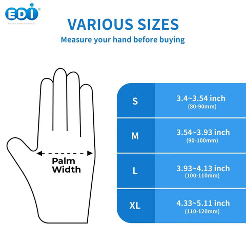 Size chart for Powder Free Vinyl Gloves 4.3 Mil Clear Latex Free For Food Service Cleaning showing S to XL palm width measurements.