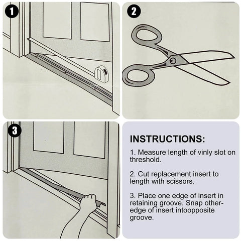 Instructions for installing 2 Pcs 36 Inch Vinyl Replacement Insert for Adjustable Height Aluminum Thresholds with Seals 1-5/16 x 3/8.
