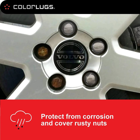 Close-up of wheel with black Vinyl Lug Nut Covers on 21-23 mm lugs, protecting threads from corrosion and grime.