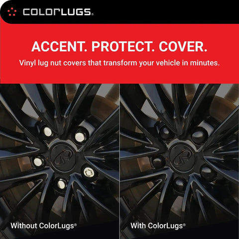 Vinyl Lug Nut Covers Black Flexible Fit For 21 To 23 Mm Lug Nuts Pack Of 25 Includes Deluxe Extractor Made In The USA shown on wheels.