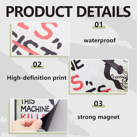 Close-up of This Machine Kills Fascists Sticker Magnetic Vinyl Bumper Decal For Car Fridge showing waterproof and strong magnet features.